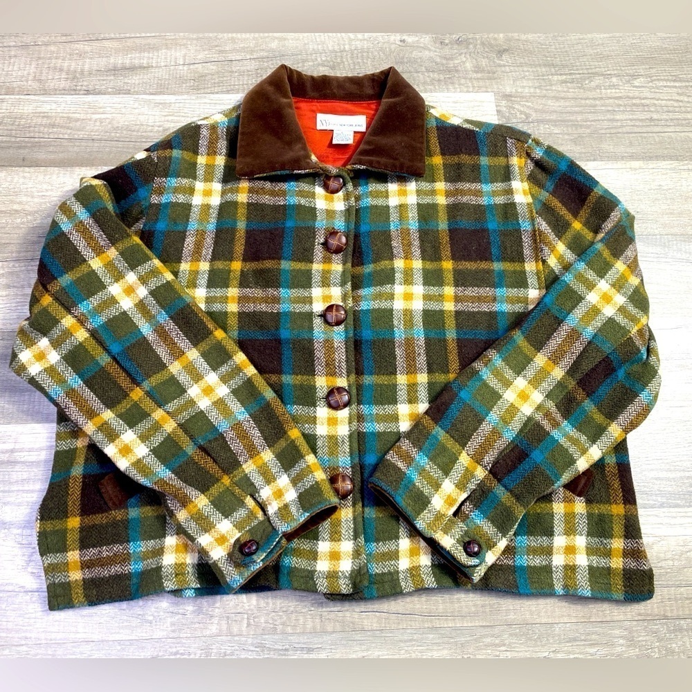 NY Jeans Vintage Women's Green Brown Plaid Wool Blend Jacket Cropped Vintage Med